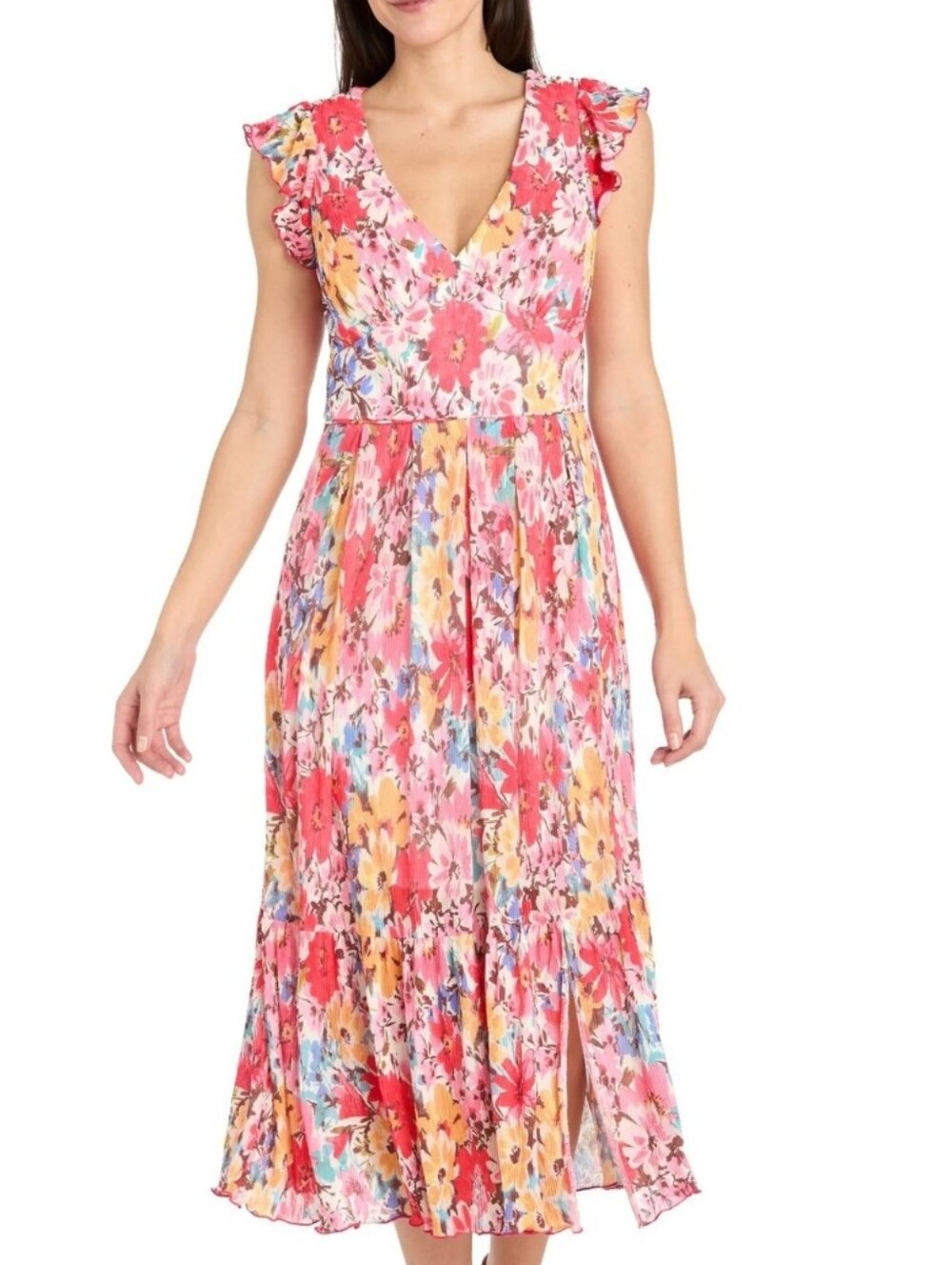R&M Richards NWT Floral Pleated Midi Dress Size 10 Flutter Sleeve Wedding Guest